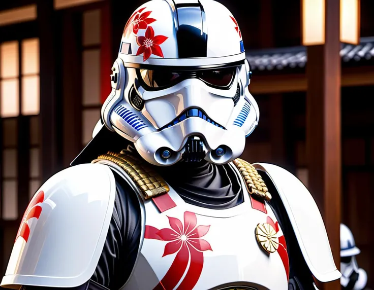 a Japanese samurai stormtrooper, anime style, t-shirt design, best quality, masterpiece, HDR, 8K, UHD, soft lighting, crisp, clear, clean, highly detailed, detailed eyes