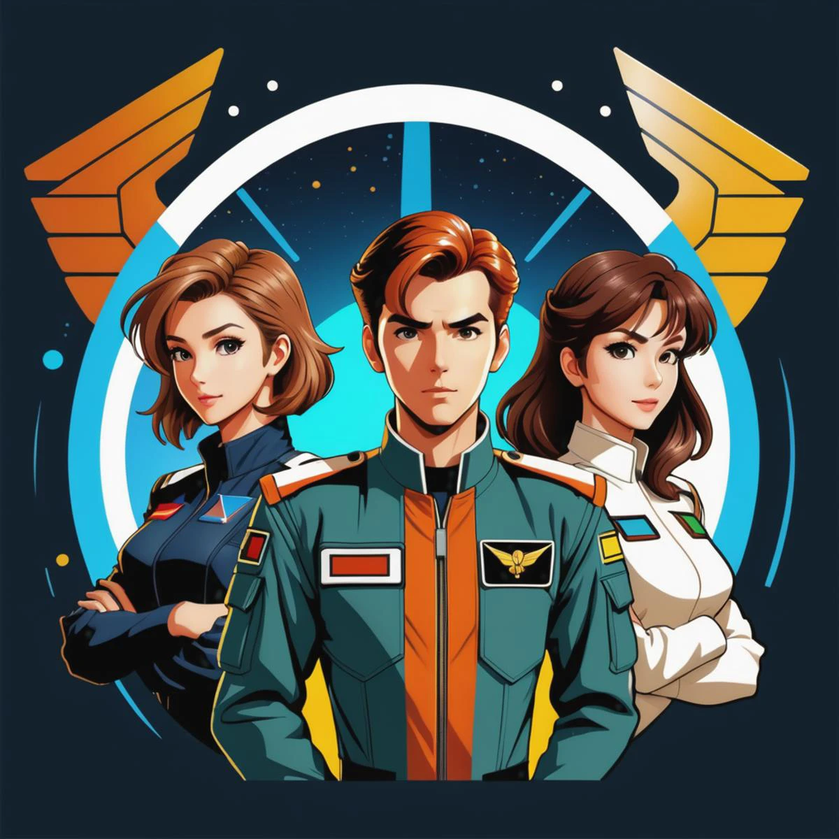 Wing Commander style, sci-fi pilots, group shot, team, action pose, random hairstyles, 1980 anime style, (cartoon), t-shirt design, logo, vector graphic, simple and smooth, no background, random shape outline, center of frame