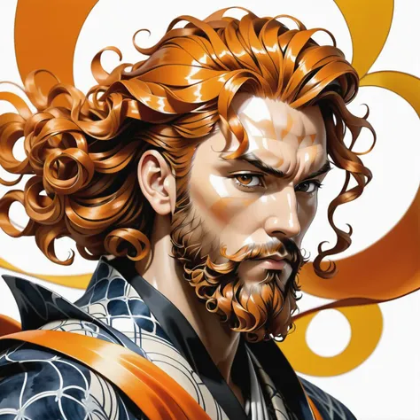 a realistic portrait, long-bearded man with curly orange hair swirling, Shibori, Tessellation, Fibonacci sequence, Yoji Shinkawa, kintsugi, comic book, heavy outline,