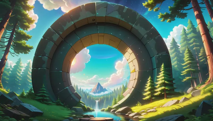 a stone circular portal floating, above a forest, with a beautiful sky in the background, Gravity Falls cartoon, 8k, anime art style, cover art, dramatic scene, best quality, masterpiece, HDR, 8K, UHD, soft lighting, crisp, clear, clean, highly detailed, detailed eyes