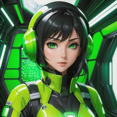 deep inside the green oxygen farm of a spaceship, anime female in hazmat, cell shaded, smooth, low detail, dark, black and neon green