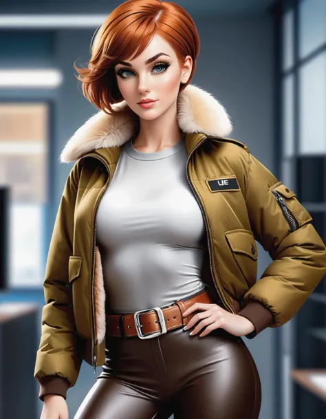 a photo of Cover Girl, from GI Joe, pixie cut Auburn hair, buxom model, brown bomber jacket fur trim, tight pants, beige tight t-shirt, tactical belt, silver belt buckle, (office background), realistic photo, photograph,full body shot, best quality, masterpiece, HDR, 8K, UHD, soft lighting, crisp, clear, clean, highly detailed, detailed eyes