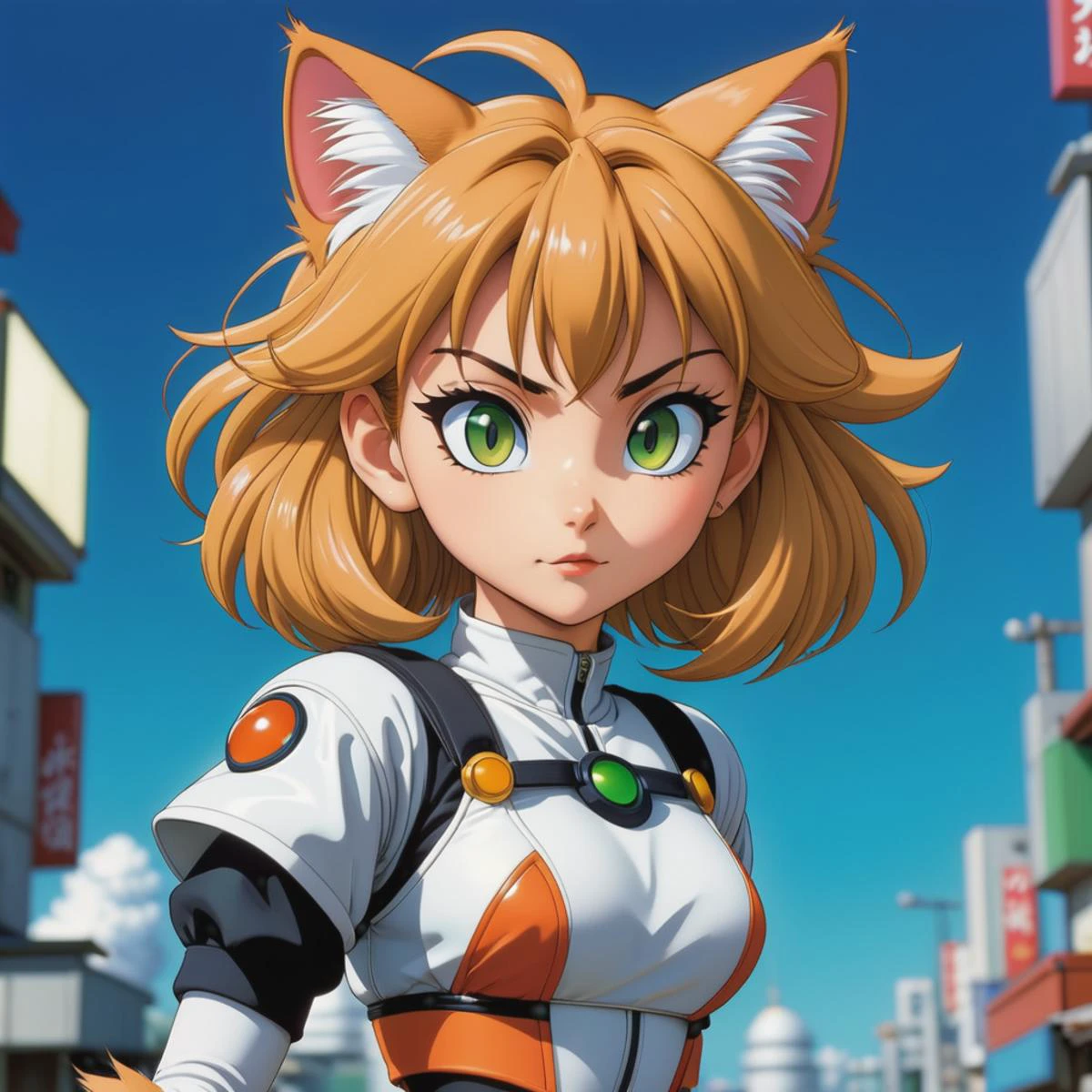a 1990s anime sci-fi kooky cat female, full detailed eyes, action pose, Toriyama, Miyazaki, cartoon, cell shaded, flat, 2d