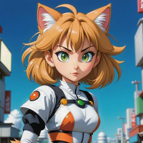 a 1990s anime sci-fi kooky cat female, full detailed eyes, action pose, Toriyama, Miyazaki, cartoon, cell shaded, flat, 2d