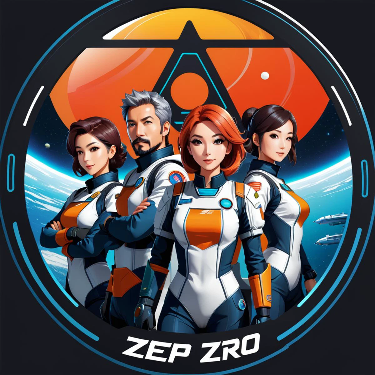 Space Station Zero, sci-fi, futuristic, group shot, space fish team, action pose, t-shirt design, anime style, cartoon, logo, vector graphic, simple and smooth, no background, circle outline