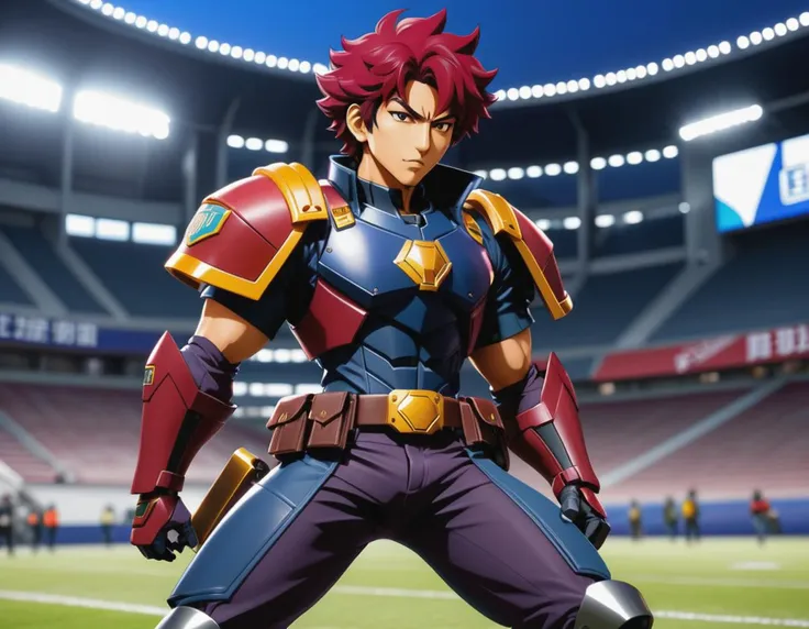 an anime cowboy bebop style bounty hunter, action pose, mascot logo, dark crimson red and Navy Blue, (football stadium background)