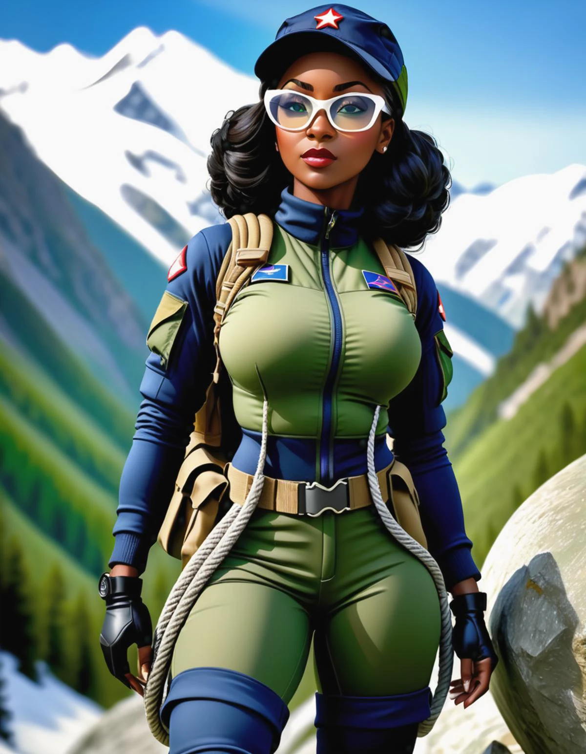 a photo a Alpine from GI Joe as a buxom female, african american soldier, dark blue and OD green quilted padded military mountain climbing outfit, ball cap, white glasses, rope, (mountain background), realistic photo, photograph, wide shot, best quality, masterpiece, HDR, 8K, UHD, soft lighting, crisp, clear, clean, highly detailed, detailed eyes