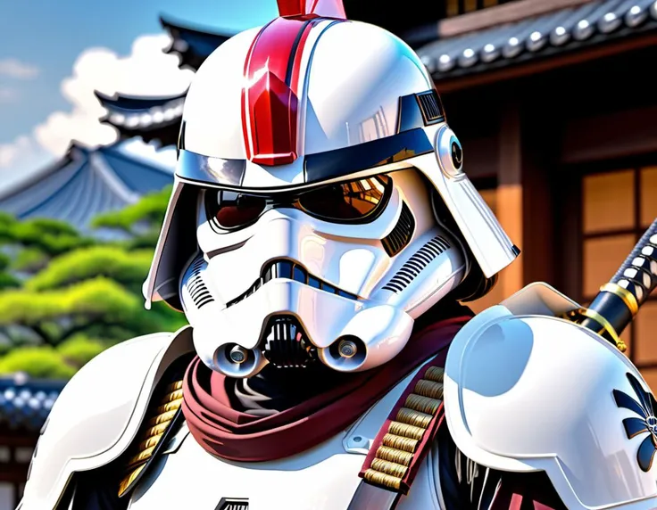 a Japanese samurai stormtrooper, anime style, t-shirt design, best quality, masterpiece, HDR, 8K, UHD, soft lighting, crisp, clear, clean, highly detailed, detailed eyes