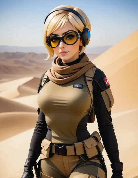 a photo of Dusty from GI Joe as a buxom female, pixie cut blond hair, wearing amber goggles, desert hijab, mesh desert military outfit, brown camouflage:2.0, tactical belts, knee pads, (desert background), realistic photo, photograph, full body shot