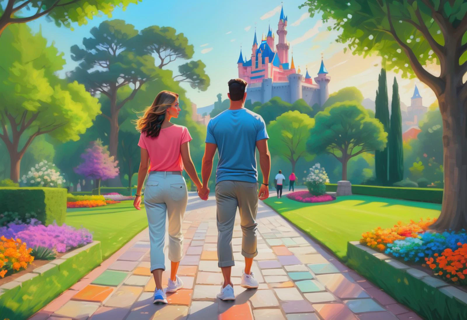 an illustration of a couple strolling through a park, woman in capri pants and sneakers, walking away from camera, neo-mosaic technique:0.5, accentuating summer color hues, large canvas, atmosphere bathed in enchanting romantic light, reminiscent of colorful dreams, reflective stone walkway, Disney castle in distance, glowing color palette, ultra fine digital painting,<lora:xl_more_art-full_v1:0.4>, best quality, masterpiece, HDR, 8K, UHD, soft lighting, crisp, clear, clean, highly detailed, detailed eyes