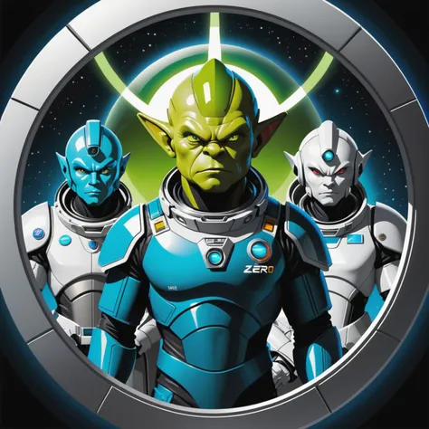 Space Station Zero, sci-fi, futuristic, group shot, humanoid Ogre aliens, t-shirt design, anime style, cartoon, logo, vector graphic, simple and smooth, no background, circle outline, center of frame