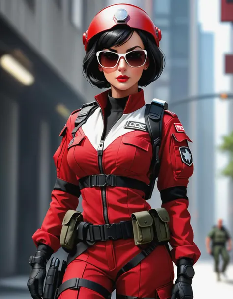 a photo Lifeline from GI Joe as a buxom female, black short hair, red tactical medic uniform, red helmet with microphone, black sunglasses, no hair, white accents, tactical belts, Medic backpack, (street background), realistic photo, photograph, full body shot, best quality, masterpiece, HDR, 8K, UHD, soft lighting, crisp, clear, clean, highly detailed, detailed eyes