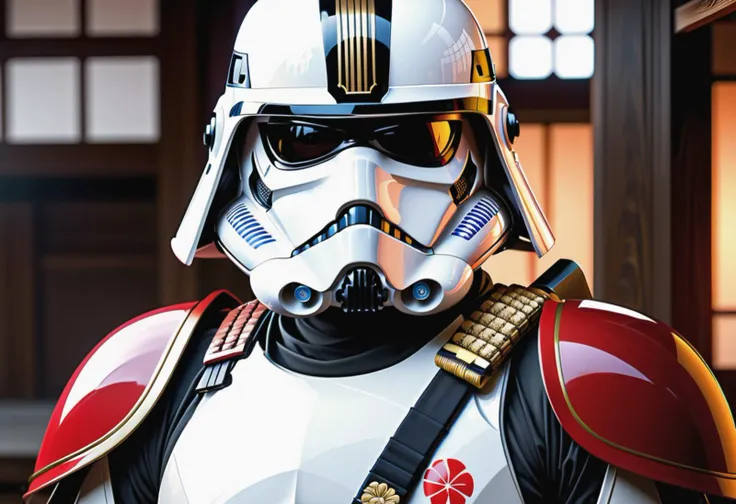 a Japanese samurai stormtrooper, anime style, t-shirt design, best quality, masterpiece, HDR, 8K, UHD, soft lighting, crisp, clear, clean, highly detailed, detailed eyes