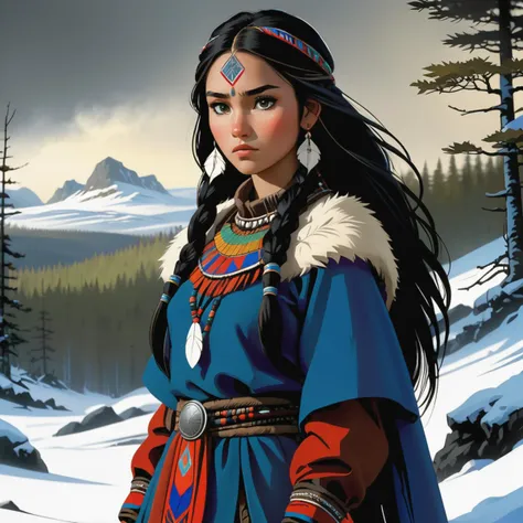 Illustration of a young Sámi woman in the style of Bernie Wrightson. 18 years old, Beautiful, Black Smooth Hair, Tribal Sámi Clothing, Tribal Adornments, Mongolic Phenotype, Full Body. Gloomy and Depressing Atmosphere, Taiga Forest Background. Composition Balance, Cel shading art, Hand-Drawn Graphic Novel, Single Centered Subject, Visual Compellingness in the style of Bernie Wrightson. Inspired by Horizon Zero Dawn.
