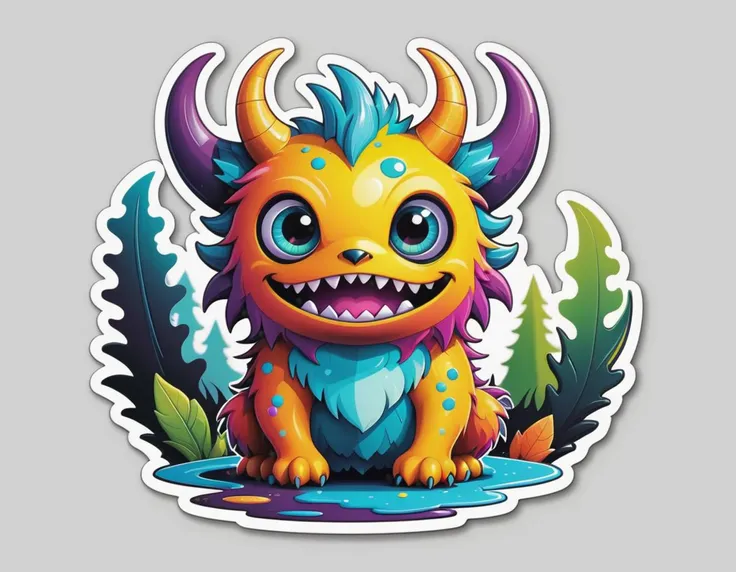 A cute monster, colorful, clutter, ultra detailed, mysterious, scary, perfect environment, die-cut sticker, logo, vector graphic, t-shirt design, no background, circle outline