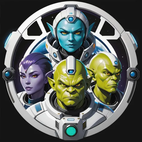 Space Station Zero, sci-fi, futuristic, group shot, humanoid Ogre aliens, t-shirt design, anime style, cartoon, logo, vector graphic, simple and smooth, no background, circle outline, center of frame