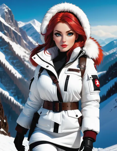 a photo of Snow-Job from GI Joe as a buxom female, bright red hair, white cloth snow jacket and outfit, fur trim, Fur hood over head, brown tactical belts, (snow mountain background), realistic photo, photograph, full body shot, best quality, masterpiece, HDR, 8K, UHD, soft lighting, crisp, clear, clean, highly detailed, detailed eyes