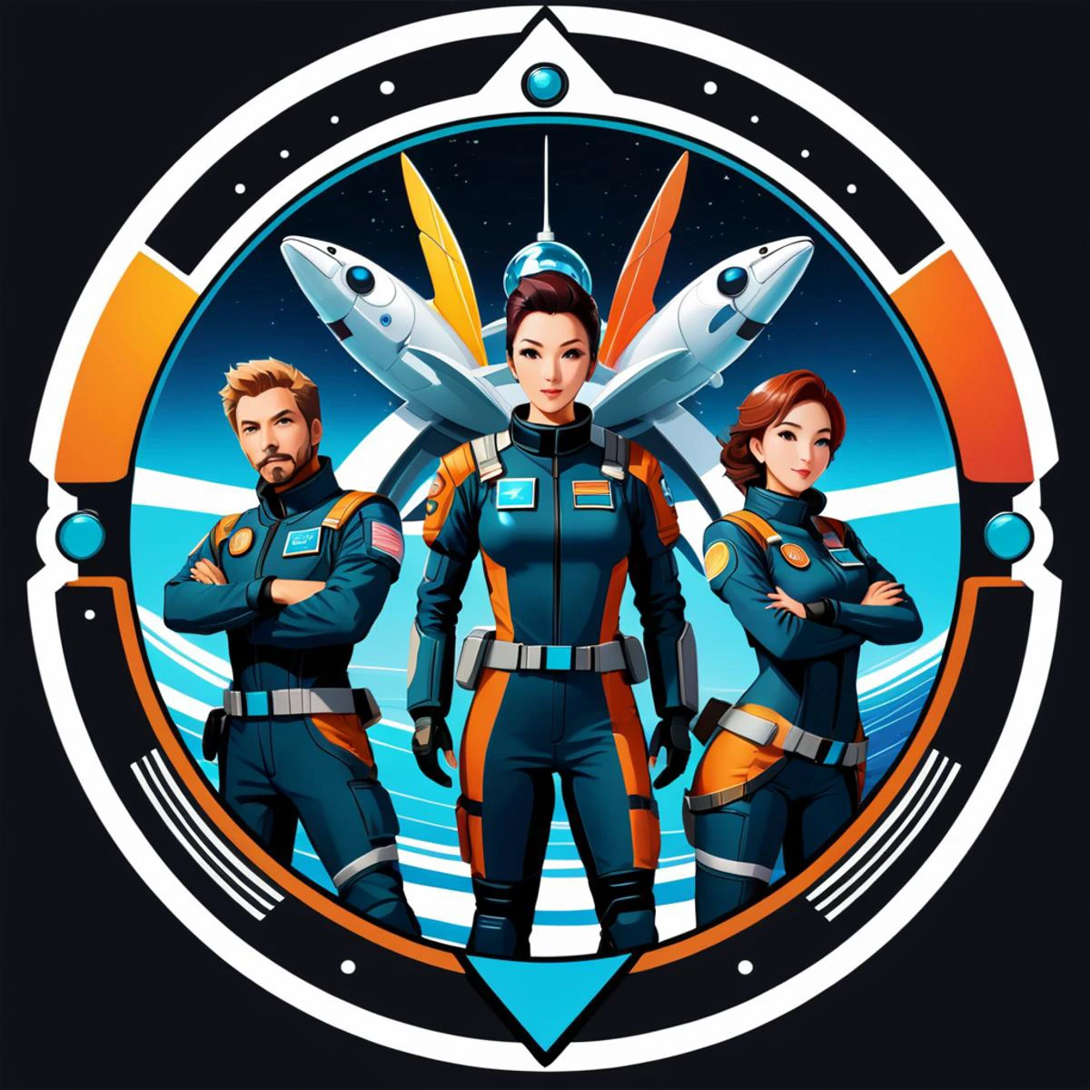 Space Station Zero, sci-fi, futuristic, group shot, space fish team, action pose, t-shirt design, anime style, cartoon, logo, vector graphic, simple and smooth, no background, circle outline