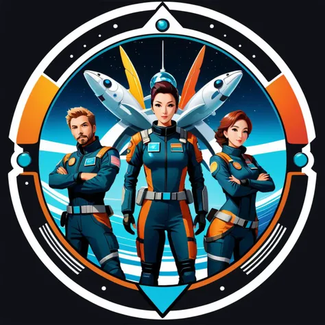 Space Station Zero, sci-fi, futuristic, group shot, space fish team, action pose, t-shirt design, anime style, cartoon, logo, vector graphic, simple and smooth, no background, circle outline