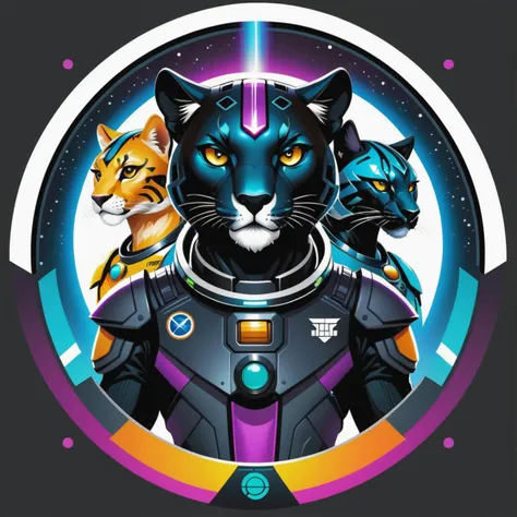 Space Station Zero, sci-fi, futuristic, group shot, anthropomorphic fierce Panther aliens, t-shirt design, anime style, cartoon, logo, vector graphic, simple and smooth, no background, circle outline, center of frame