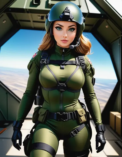 a photo a Rip-Cord from GI Joe as a buxom female, (silk) camouflage body suit, parachute, reserve chute, high altitude helmet and ((full face oxygen mask)), hoses, tactical belt, (hangar interior background), realistic photo, photograph, full body shot, subject center of frame,, best quality, masterpiece, HDR, 8K, UHD, soft lighting, crisp, clear, clean, highly detailed, detailed eyes