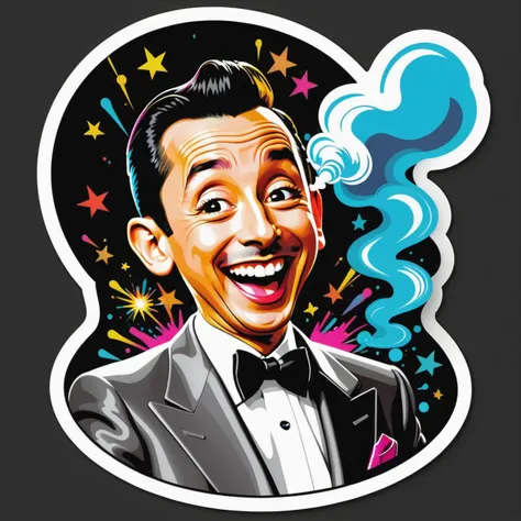 OVAL STICKER, graphic design t shirt, flat design, REALISTIC ACCURATE REPRESENTATION OF Pee Wee Herman, laughing, colorful tones, highly detailed clean, vector image, professional photography, smoke explosion, simple background, flat black background, shiny vector ((black background))