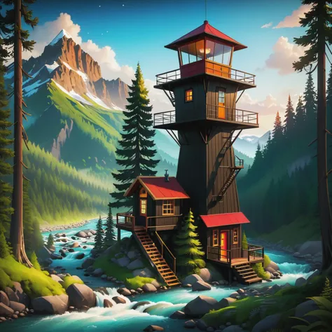 a fire-tower inspired tiny home, located near a river, set in a forest, surrounded by mountains, cinematic, epic, poster, digital painting, dark colors, intricate details, Gravity Falls style, cartoon, animation, best quality, masterpiece, soft lighting, crisp, clear, clean, highly detailed