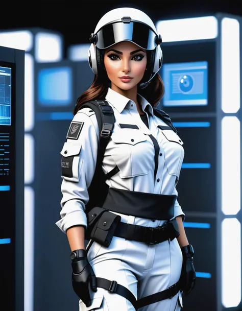 a photo of Mainframe from GI Joe as a buxom Middle Eastern female, light gray tactical shirt and pants, black communications helmet, electronics backpack, headset with microphone, tactical tool belt, (datacenter background), realistic photo, photograph, full body shot, best quality, masterpiece, HDR, 8K, UHD, soft lighting, crisp, clear, clean, highly detailed, detailed eyes