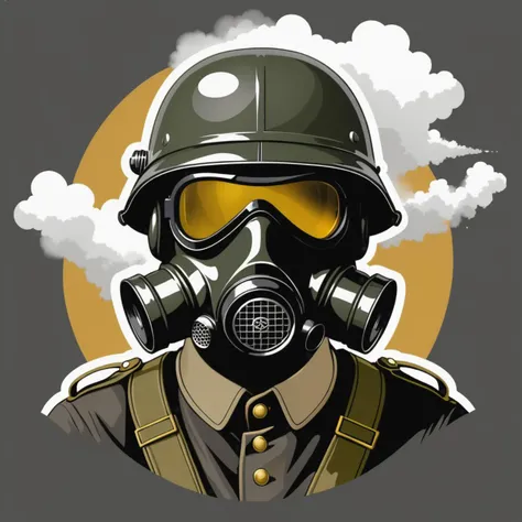 t-shirt design, ww1 soldier head in German helmet and old style gasmask, fog around it ,anime style, no background, empty background