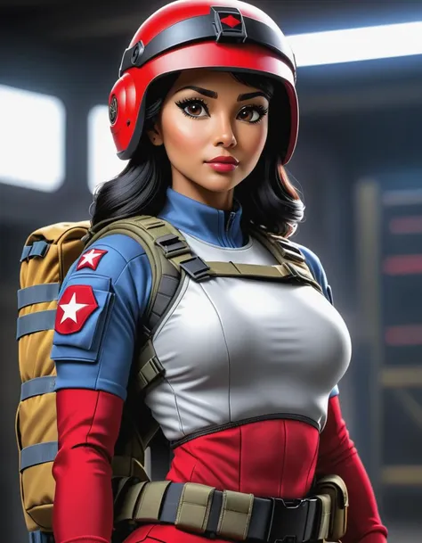 a photo of Bazooka from GI Joe, as mature Hispanic female, Tactical helmet, tactical pants, tactical belt, red cropped sports jersey with text "14", backpack, (armory background), realistic photo, photograph, wide shot, best quality, masterpiece, HDR, 8K, UHD, soft lighting, crisp, clear, clean, highly detailed, detailed eyes