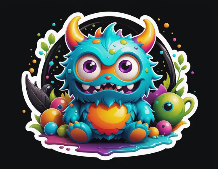 A cute monster, colorful, clutter, ultra detailed, mysterious, scary, perfect environment, die-cut sticker, logo, vector graphic, t-shirt design, no background, circle outline