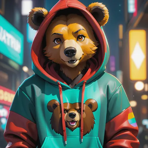 Anthro humanoid bear, hoodie , hip-hop, character concept design, painting, detailed, vivid, trending on artstation, 8k, detailed lighting