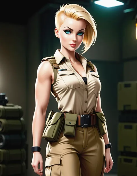 a photo of Duke from GI Joe, as buxom female, blonde spiky bald hairstyle, short hair, blue eyes, (tan pocketed shirt), loose green tactical pants, brown tactical belt and pockets, standing, (tank background), realistic photo, photograph, full body shot, soft lighting