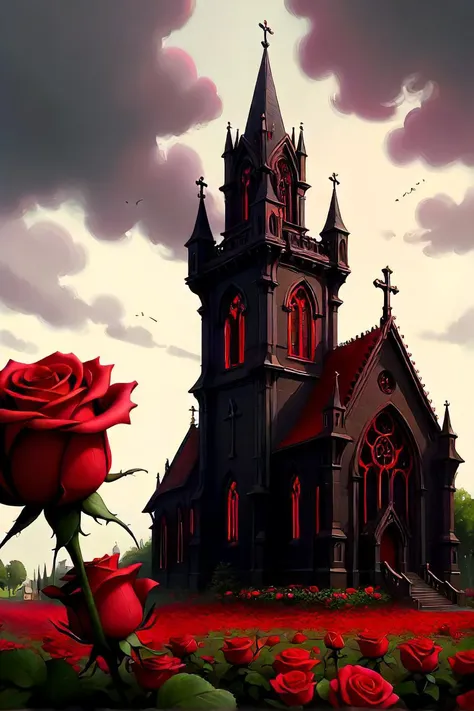 painting of a church with a tower and a field of red roses, a storybook illustration inspired by andreas rocha, deviantart, gothic art, gothic building style, victorian gothic, detailed 3d gothic oil painting