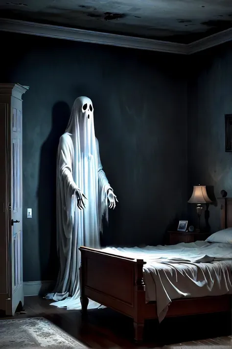 there is a ghost standing in a bedroom with a bed, ghostly adult bedroom, hyperrealistic nightmare scene, room with eerie feeling, eerie room, photorealistic dark concept art, ghost room, scary ghost, ghostly atmosphere, ghosts theme, ghostly ghost, paranormal, ghostly, eerie nostalgic concept art, ghosts, digital art 4k unsettling, haunted liminal abandoned room