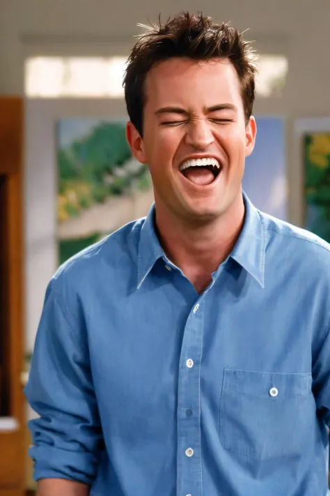 1boy, upper body, looking at viewer,  <lora:Character-friends_chandler_bing_v1:0.8>, chandler, chandler bing, laughing, teeth, 
indoors, 
masterpiece, high quality, absurdres, realistic,