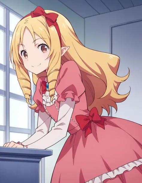 score_9, score_8_up, score_7_up, source_anime,
elfyamada, <lora:elf-yamada-s1-ponyxl-lora-nochekaiser:1>,
elf yamada, long hair, blonde hair, brown eyes, hair bow, hairband, pointy ears, drill hair, twin drills, red bow,
dress, frills, pink dress,
indoors, bent over, smile,
solo, looking at viewer, cowboy shot, dutch angle,