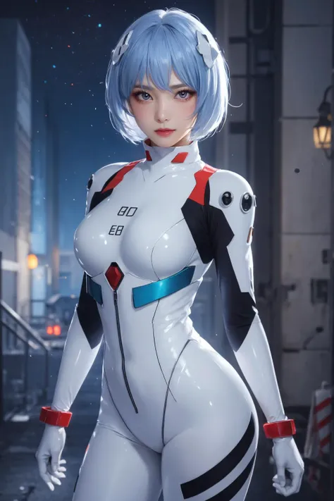 realistic, photorealistic, best quality, masterpiece, ultra high res, finely detailed, quality, realistic lighting, detailed skin, intricate details, raw photo, absurdres, highres, ultra detailed, BREAK, 1girl, solo, looking at viewer, 18 years old, hand of Guido Daniele, (ayanami_rei, blue short hair, white hair ornament, white bodysuit, gloves, red eyes, solo focus, night, dynamic pose, standing, outdoors, atmospheric, panorama, giant moon on the sky, cyberpunk, cyber city, neon trim, cityscape, scifi, stars, galaxy, blurry background, blurry foreground, cowboy shot, dynamic angle, from below, blurry, smile, blush), (beautifu and aesthetic face, detailed face, clean facial features, an extremely delicate and beautiful, beautiful detailed eyes, stars in the eyes, Pink lips, Glowing Eyes, perfect face, detailed pupils, Makeup:1.1), (nice hands, sexy, slim, large breasts, skinny, narrow waist, human anatomy:1.1), (detailed light, beautiful detailed glow, detailed background:1.1), (reflection, refraction, Rembrandt lighting, diffuse lighting, radiosity, photon mapping, subsurface scattering, dynamic lighting, Multi-exposure HDR capture, Screen Space Global Illumination, Ray Tracing, Lumen Reflections, Tone Mapping, volumetric lighting, Circular polarizer, broad lighting, dramatic lighting:1.1), BREAK, explosive light and shadow, sharp focus, film grain, rim lighting, two tone lighting, rim light, Overdetailed art, official art, beautiful and aesthetic, beautiful, elegant, vivid colours, warm tone, soft light, delicate, Ultrarealistic, Detailed illustration, extremely detailed CG Unity 8k wallpaper, PBR Texturing, huge filesize, 8k uhd, octane render, unreal engine 5, BREAK, <lora:GoodHands-beta2:1>, <lora:ayanami_rei:1>