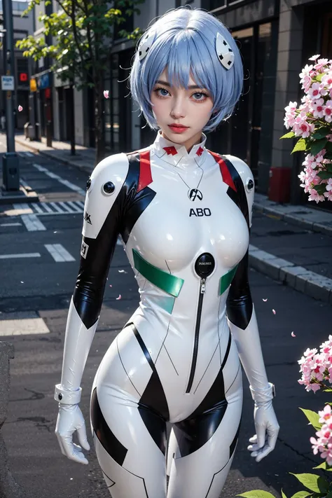 <lora:ayanami_rei:0.85>, (realistic, photorealistic), ayanami_rei, 1girl, blue short hair, white hair ornament, ((white bodysuit, gloves)), thighs, upper body,(cowboy shot),(masterpiece, high quality, best quality), (colorful),(delicate eyes and face), volumatic light, ray tracing, extremely detailed CG unity 8k wallpaper,solo((flying petal)),outdoors, blue sky, clouds, daytime, day, cityscape, streets, flowers, green plants