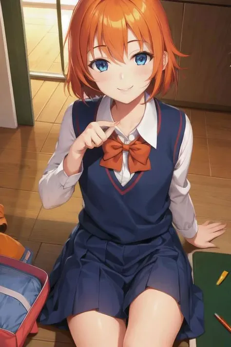 1girl, smiling, orange hair, blue eyes, school uniform