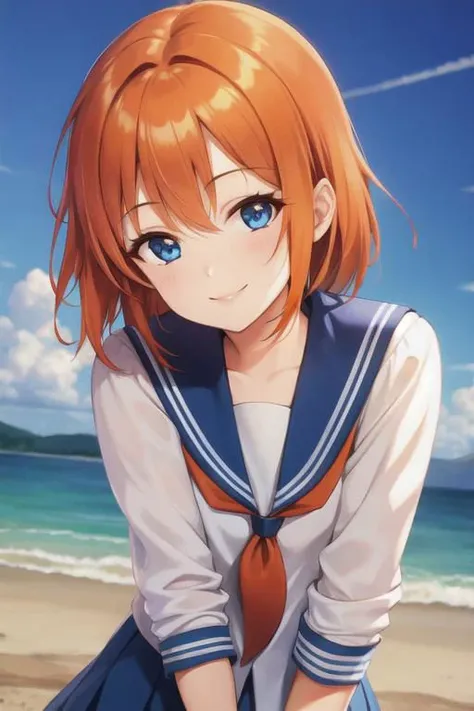 1girl, smiling, orange hair, blue eyes, school uniform