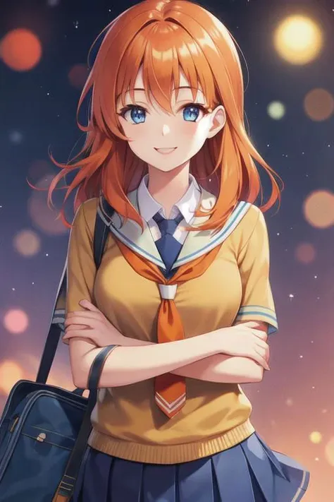 1girl, smiling, orange hair, blue eyes, school uniform