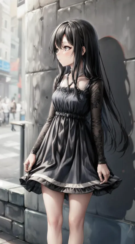 1girl long black hair with black eyes, looking away, wearing a blue dress,  <lora:more_details:1> <lora:attire_stripedthighhighs_blkblu:1>