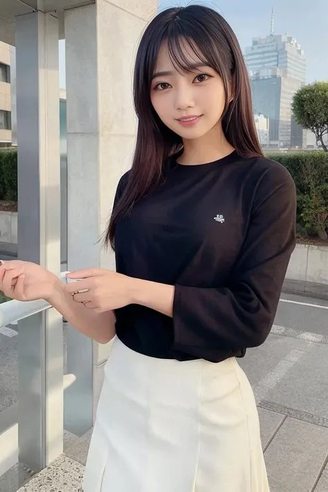 girl near bus-stop,stopped bus,long-sleeved ,school bag,18-year-old,bangs,a little smile,thighs,short cut hair,low ponytail,from below,frontlighting