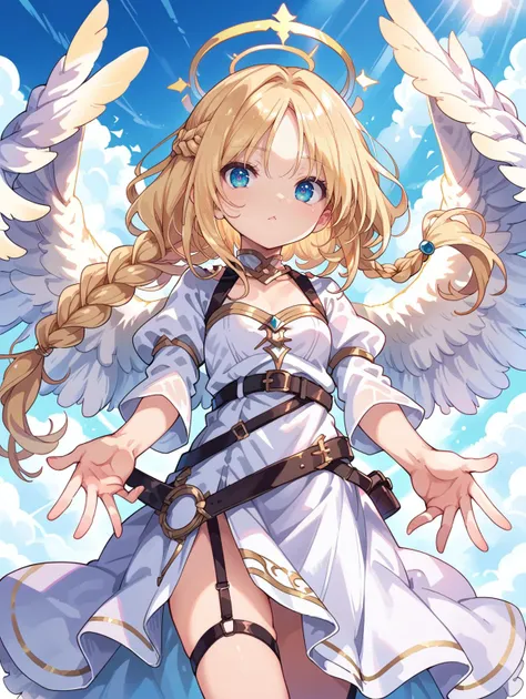 score_9, score_8_up, score_7_up,
1 girl, Goddess, angel, dress, angel wings, halo, cloud background, hand outstretched to viewer, belt straps blonde hair, braided hair, god rays, sunlight,