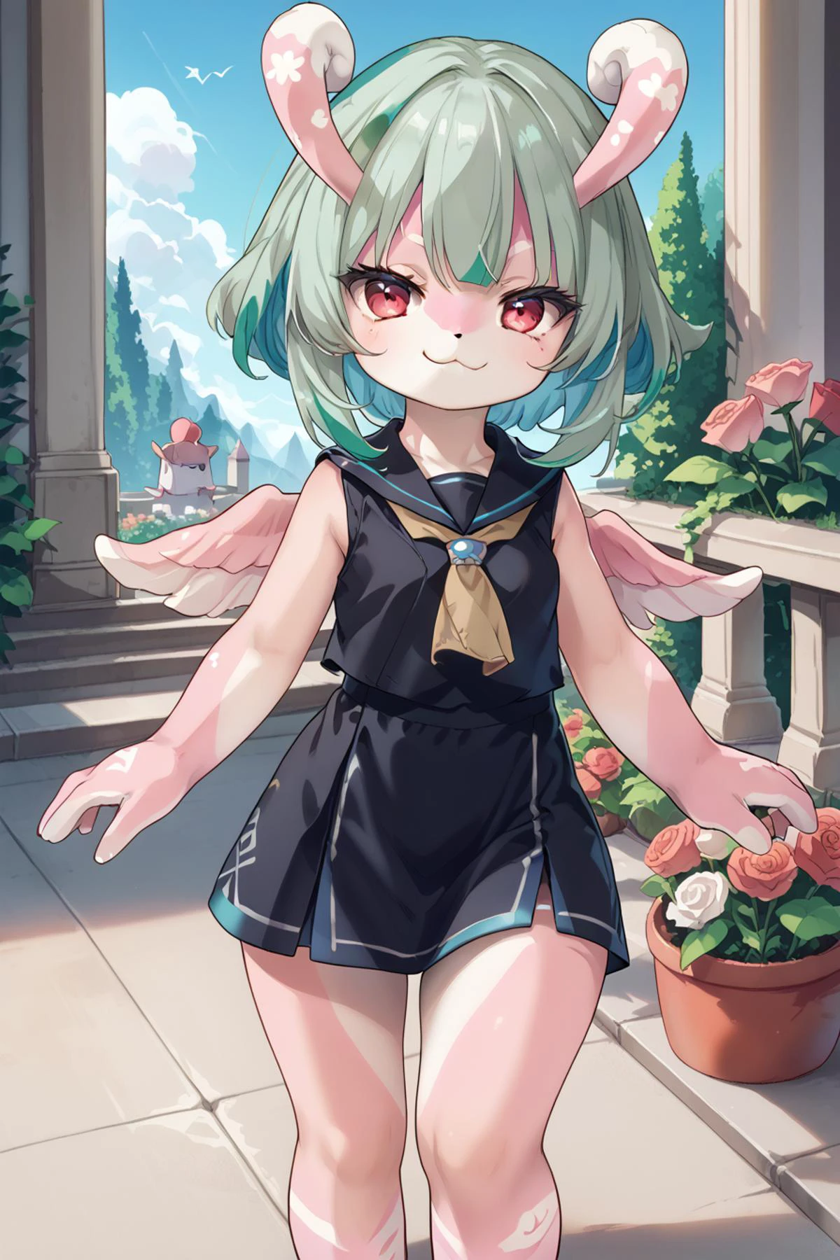 score_9, score_8_up, score_7_up, score_6_up, score_5_up, source anime, BREAK, multicolored hair, (white hair, green hair), two-tone hair, inverted bob, medium hair, smile, (smug), happy, eyeliner, red eyes, realistic background, outdoors, garden, courtyard, rose, jewelry, looking at viewer, <lora:MelusineV4SDXL:0.95> , melusine, curly ears, curly tail, wings, (pink skin), bottomless, small breasts, (thick thighs), bare shoulders, webbed hands, black serafuku, short girl, (cowboy shot), cute, tribal markings,
