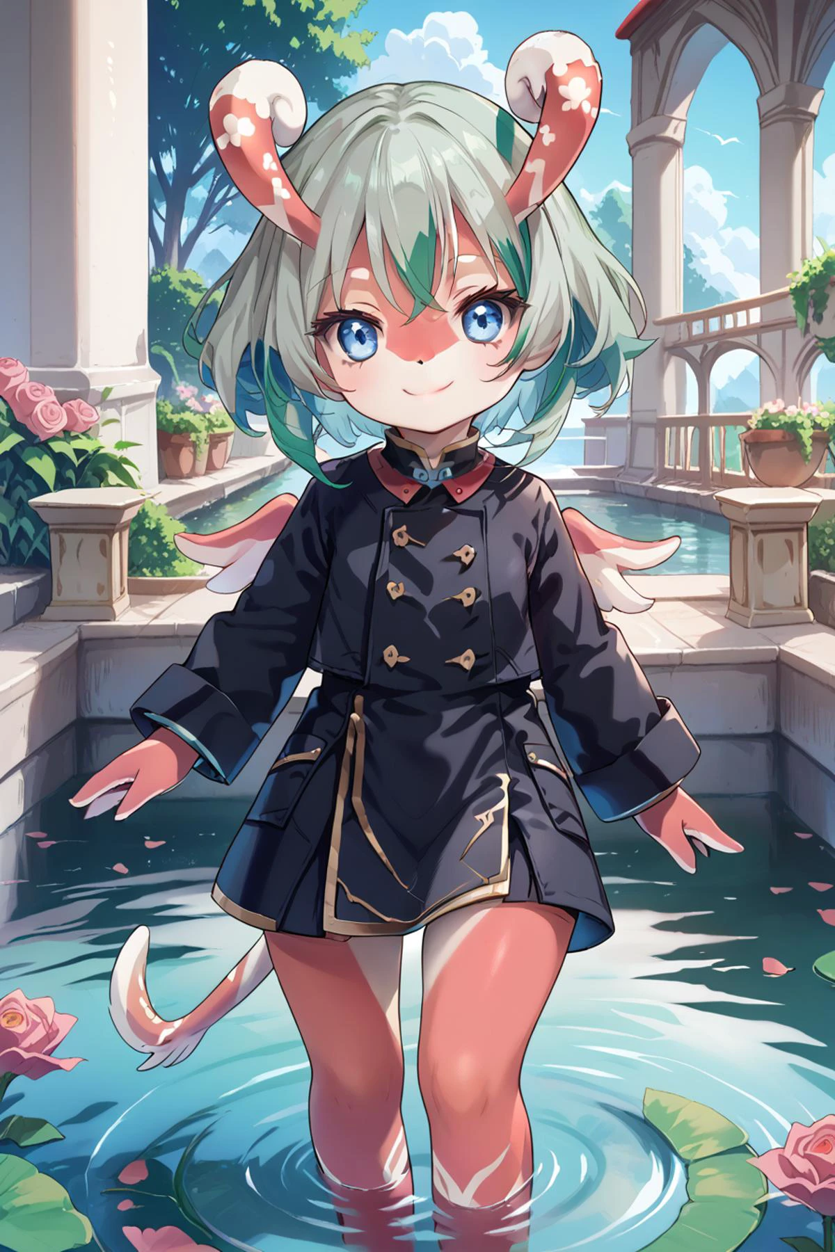 score_9, score_8_up, score_7_up, score_6_up, score_5_up, source anime, BREAK, multicolored hair, (white hair, green hair), two-tone hair, smile, closed mouth, happy, lipstick, eyeliner, blue eyes, realistic background, outdoors, pond, garden, courtyard, rose, jewelry, looking at viewer, <lora:MelusineV4SDXL:0.9> , melusine, curly ears, thin tail, wings, red skin, bottomless, thick thighs, webbed hands, black uniform, short girl, (cowboy shot), cute,