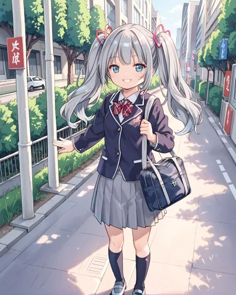 1girl, solo, grey hair, smile, long hair, twintails,
street, outdoors, tokyo, intersection,
school uniform,
standing, school bag,
<lora:ClearHand-V2:2>, nice hands, perfect hands,