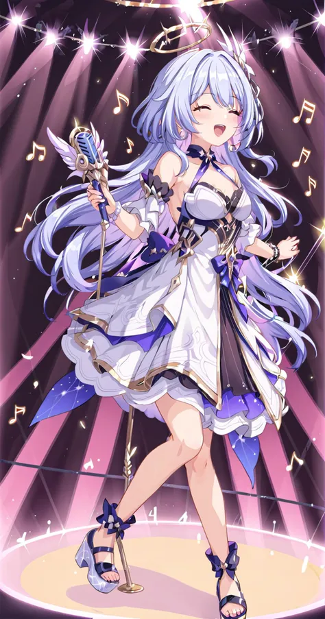1girl, dress, singing, microphone, halo, arena,
<lora:Robin_XL_V1:1> ,1girl,robin \(honkai: star rail\), platform shoes,