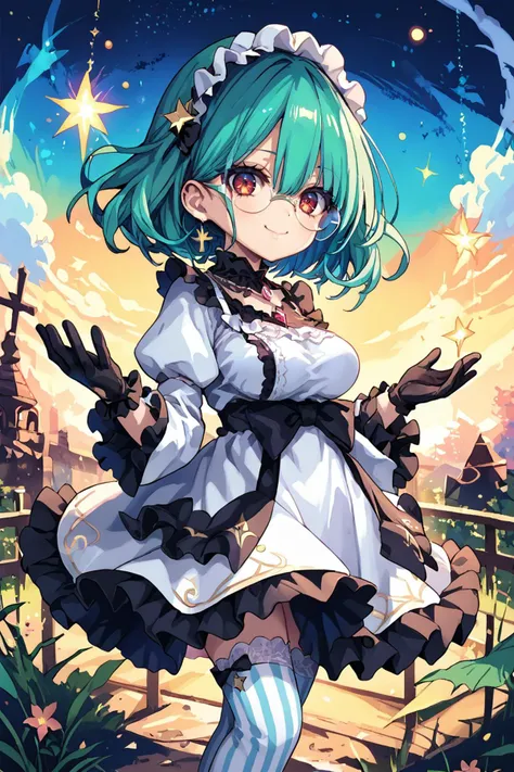 score_9, score_8_up, score_7_up, score_6_up, score_5_up, source anime, BREAK, smile, closed mouth, (cowboy shot), ((dark skin)), realistic background, outdoors, stars, galaxies, cosmos, bright colors, looking at viewer, 1girl, short hair, sliced bob, earring, lace, hair over one eye, red eye, jewelry, gloves, necklace, gem, green hair, large breasts, (giant girl), round glasses, <lora:LFashionPDXL:0.9> , zzLFashion, frilled dress, frills, bow, layered clothing, ribbon, white dress, striped thighhighs, floral print, puffy sleeves, action pose, <lora:hand 4:0.5> , Hand, hands, perfect hands, <lora:d3p1x3lXLP:1> , d3p1x3l, pixel art, scenery,
